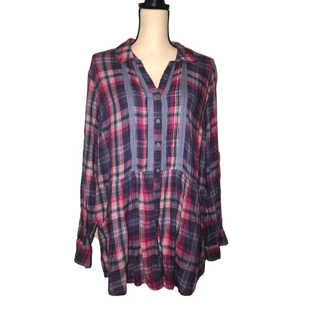 Plaid Flannel Tunic Top Size XL Purple Blue Pink Button Front Pockets Fall